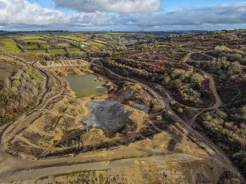 aerial drone image of old mining area united downs near Redruth tin and copper mining 