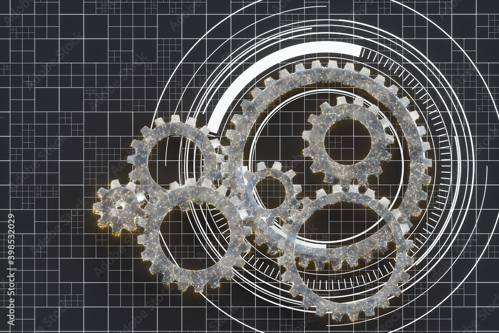 Poster mechanical gears and blueprint lines, 3d rendering.
