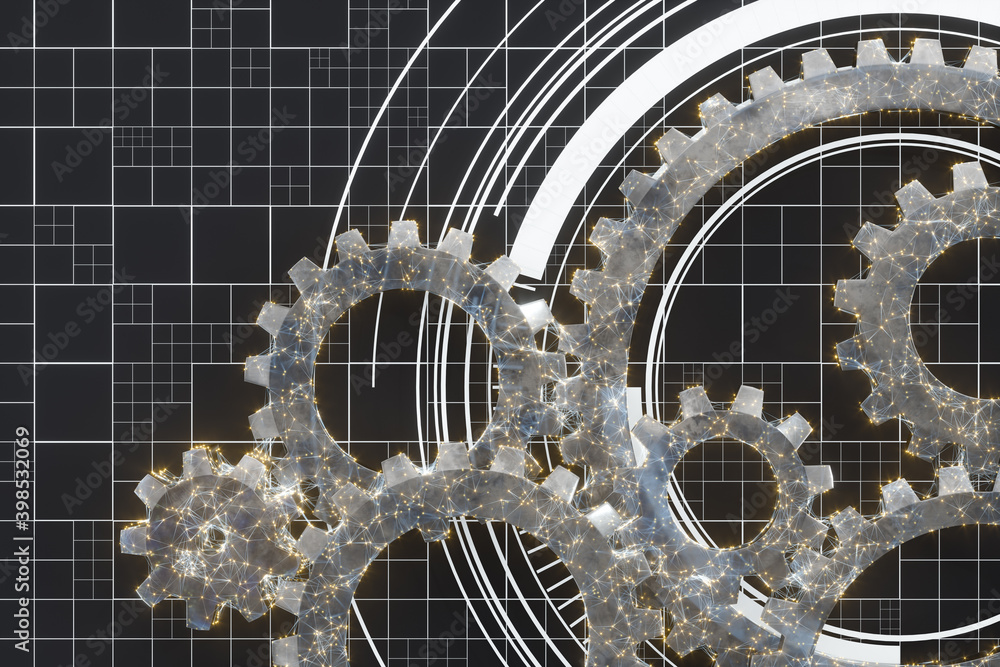 Poster mechanical gears and blueprint lines, 3d rendering.