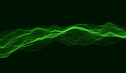 Green particle wave background. Abstract dynamic mesh. Big data technology. Vector grid illustration.