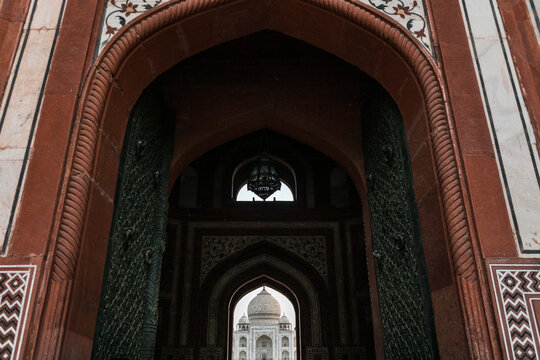 Taj Mahal framed through arch entrance, Agra, Uttar Pradesh, India