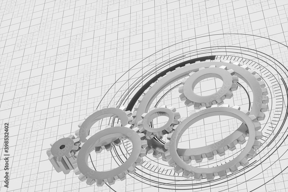 Poster mechanical gears and blueprint lines, 3d rendering.