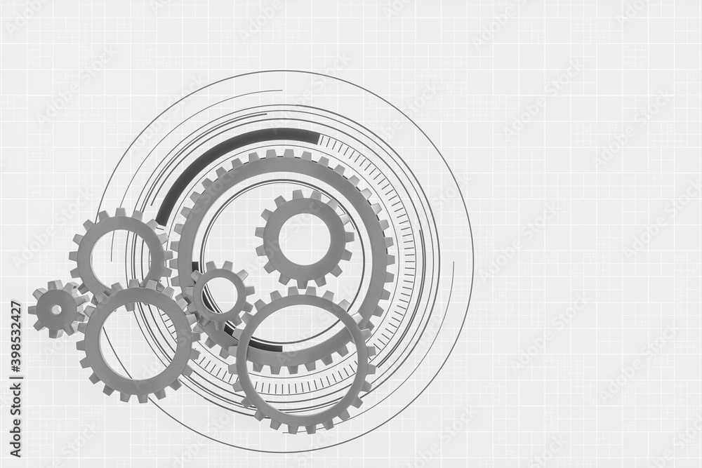 Poster mechanical gears and blueprint lines, 3d rendering.