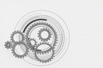 Mechanical gears and blueprint lines, 3d rendering.