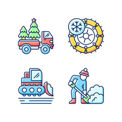 Naklejka premium Winter holidays service RGB color icons set. Christmas tree delivery to your home. Studded tires and chains for your car. Isolated vector illustrations