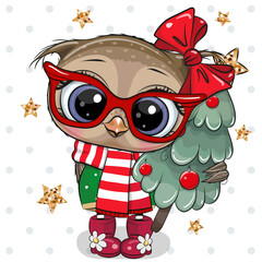 Cute Cartoon Owl with Christmas tree on a white background