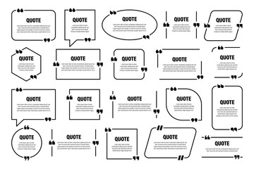 Set of isolated quote frames. Speech bubbles with quotation marks. Blank text box and quotes. Blog post template. Vector illustration.