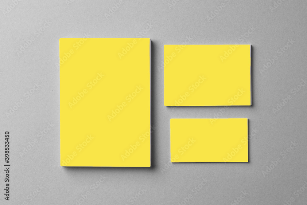 Sticker Business mock up cards of Illuminating Yellow color on Ultimate Gray background