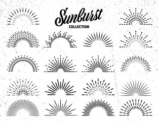 Vintage grunge sunburst collection. Bursting sun rays. Fireworks. Logotype or lettering design element. Radial sunset beams. Vector illustration.