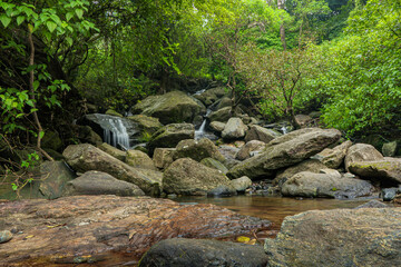 Fototapeta na wymiar Water cascading down over pebble rocks in gorgeous autumn forest at Kerala