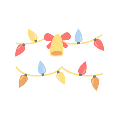 Christmas garland with bell flat vector abstract element. Xmas lights. New Year decoration RGB color clipart. Winter season adornment. Wintertime wreath isolated organic shape on white background