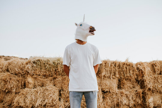 Portrait of young man wearing unicorn mask standing in front of stacked straw