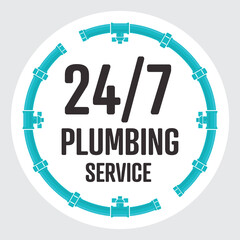 24-7 Plumbing Service circle badge. The round symbol or icon is a clock shape made out of pipes, valves and end caps. Concept for around the clock plumbing and sanitary services.