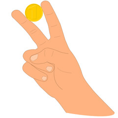Hand holds a gold coin with the number one between the fingers. Finance vector illustration on a white background isolated.