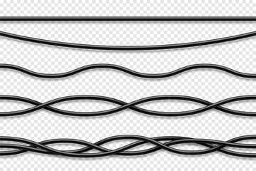 Flexible cables collection. Black electrical wire. Realistic power or network cable. Vector illustration.