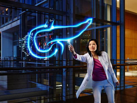 Mature female doctor examining pancreas in laboratory at hospital
