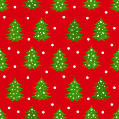 Green Christmas trees on red background seamless pattern. Vector illustration.