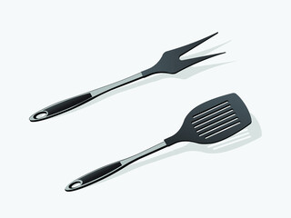 Barbecue fork and spatula on a white background. Vector illustration for design.