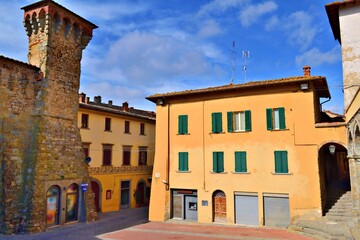 landscape of the medieval village of Lucignano in the province of Arezzo in Tuscany, Italy. It is a small town of ancient origins enclosed by walls overlooking the Valdichiana