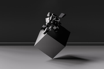Gray split cube in sketch style, 3d rendering.
