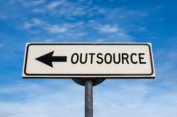 Fototapeta premium Outsource road sign, arrow on blue sky background. One way blank road sign with copy space. Arrow on a pole pointing in one direction.