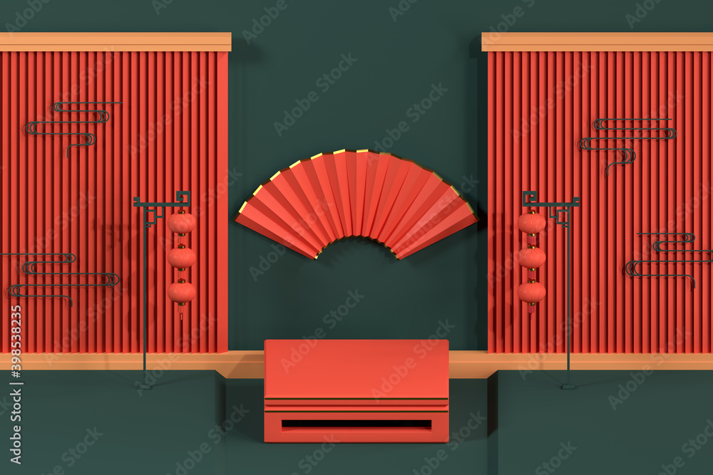 Poster chinese style end table and decorative background, 3d rendering.
