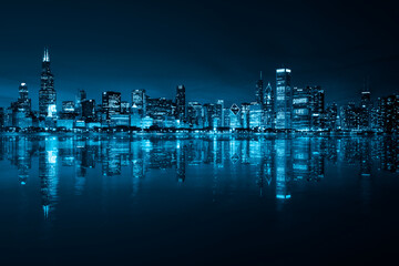 Obraz premium Chicago Skyline and Winter Cold Nights in Blue