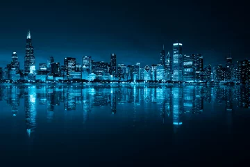 Papier Peint photo Chicago Chicago Skyline and Winter Cold Nights in Blue