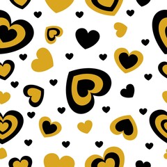 St Valentine’s Day. Seamless pattern with black and yellow hearts. White background. Decorative ornament. Love and romance. Template for post cards, wallpaper, textile, scrapbooking and wrapping paper