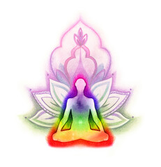 Meditation, yoga, lotus. Watercolor and pencils. Illustration for posters, postcards, fabrics, background