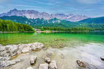 Eibsee lake with Zugspitze mountain in the background. Beautiful landscape scenery with paradise...