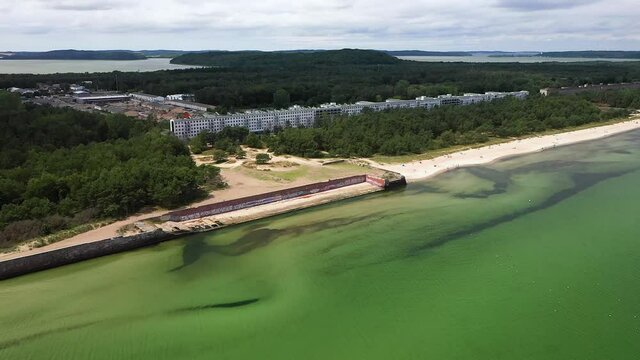 Colossus Of Prora At The Coast Of Baltic Sea, Built By Nazi Regime In Rugen, Germany - descending drone