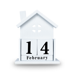 Calendar isolated on white. 14 February on white wooden calendar.