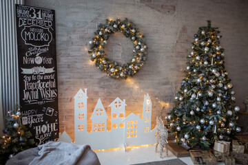 new year's interior, decorations, Christmas tree, beautiful room