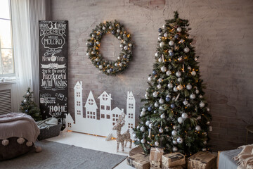 new year's interior, decorations, Christmas tree, beautiful room