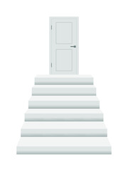 Closed door on the top step of the stairs on a white background