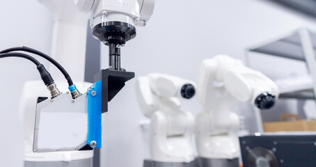 Automatic mechanical hand robot for programming. Modern industrial manipulator arm technology