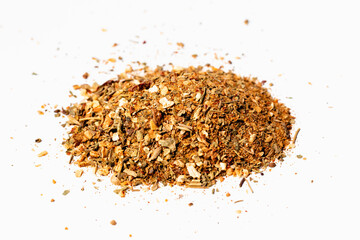 Assorted spices on dark black background. Seasonings for food. Curry, paprika, pepper, cardamom,...