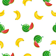 Seamless square pattern of Watermelon with Banana Piece Healthy fruit design Illustration for tiles texture, Plywood Texture, wall sticker and textile design..