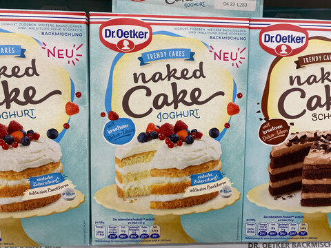 Viersen, Germany - October 8. 2020: Close Up Of Dr. Oetker Naked Cake Baking Mix Boxes In Shelf Of German Supermarket