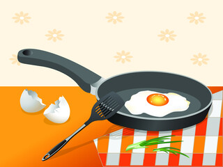Scrambled eggs in a frying pan next to green onions and a kitchen spatula and shells from a broken egg on the table with a checkered towel. Vector illustration.