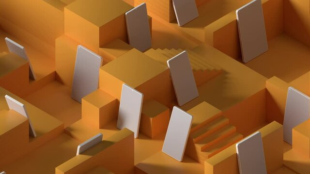 Abstract panning animation of yellow block with white cellphones. 3d minimalistic render. Social media and network themed concept background.