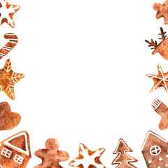 Christmas frame with gingerbread cookies hand drawn in watercolor. Homemade baking. Template for New Year greetings and design isolated on white.Postcard, flyer,label, invitation card with copy space 