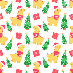 Yellow cute dinosaur, presents for Christmas and new year. Seamless vector pattern for wrapping, fabric, wallpaper.