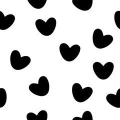 Hand-drawn pattern of black hearts on a white background. Vector isolated illustration on white background.