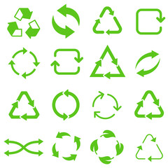 Biodegradable, compostable, recyclable icon set. Set of green arrow recycle. Mega set of recycle icon. Green recycling and rotation arrow icon pack.Vector illustration
