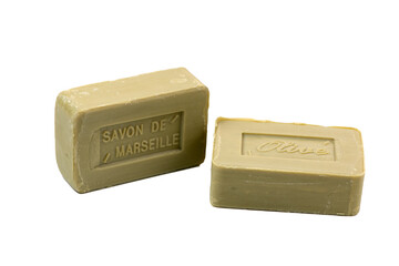 Marseille soap natural, Multicolor soaps handmade with organic oil of Olive, on white background, France
