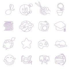 Hobbies Icons. Reading, music, handicrafts, gardening, drawing, travelling, photography, videotape, fitness, blogger. unusual style. Vector Illustration.