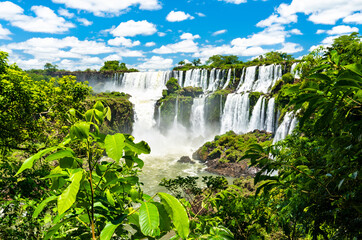 View from the jungle to Iguazu Falls, the largest waterfall in the world. UNESCO world heritage in Brazil and Argentina