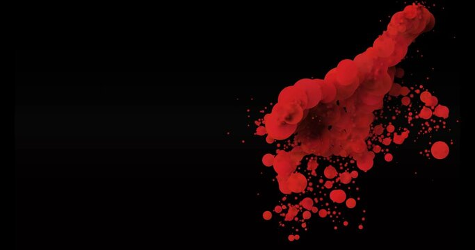 Abstract background with flat red cirle on black backdrop. Oil bubble as lava lamp effect with swirl and vortex. Liquid footage abstract background. Small particles float in liquid space. Flat style